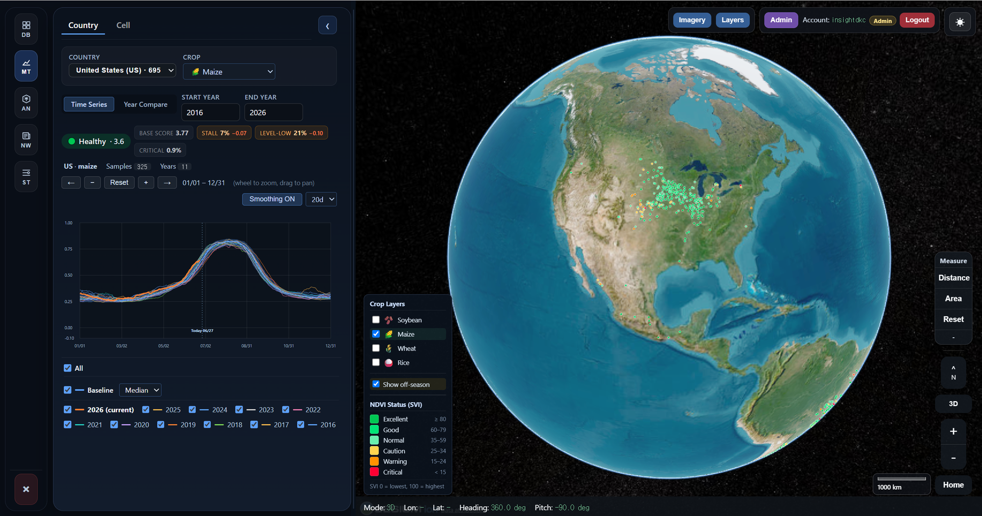 Crop Monitoring — 3D globe overview with monitoring cells across regions